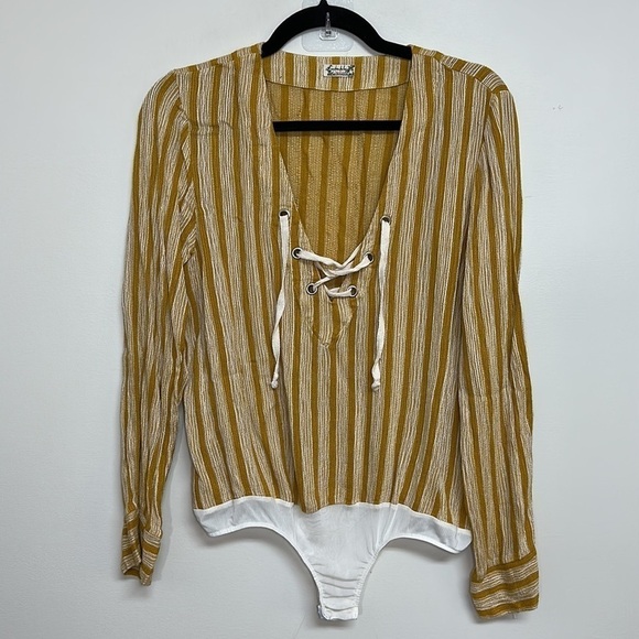 Intimately Free People Oh Boy Bodysuit Yellow Stripe Medium - Picture 2 of 5
